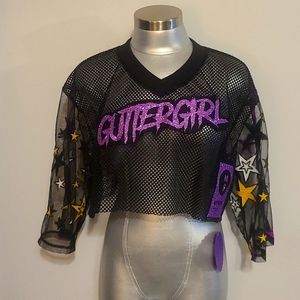 Celb.designer Maggie Barry custom made mesh crop top sheer sleeve with 🌟 stars.